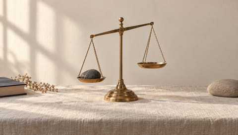 A small brass balance scale, one stone tipping one pan, on cream linen in soft window light