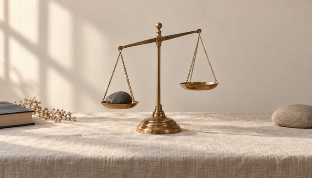 A small brass balance scale, one stone tipping one pan, on cream linen in soft window light