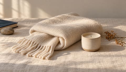 The folded corner of a pale wool blanket beside one small unlit candle, on cream linen in soft window light