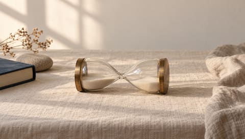 An hourglass lying on its side, the sand settled, on cream linen in soft window light