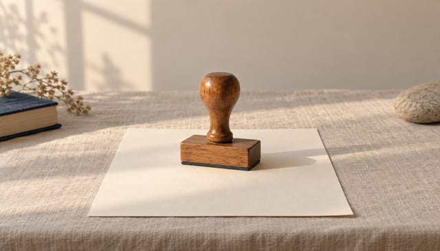 An unused wooden-handled rubber stamp standing on a sheet of blank cream paper, on cream linen in soft window light