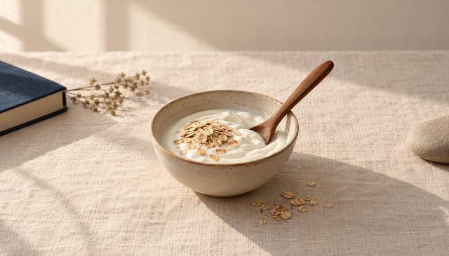 A small bowl of plain yogurt with a wooden spoon and a few oats scattered beside it, on cream linen in soft window light