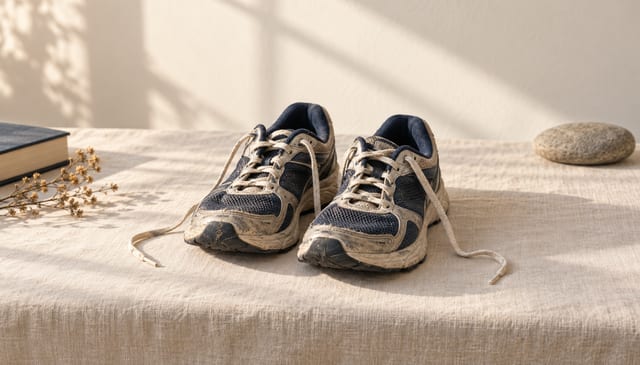 A pair of well-worn running shoes, laces loose, side by side, on cream linen in soft window light