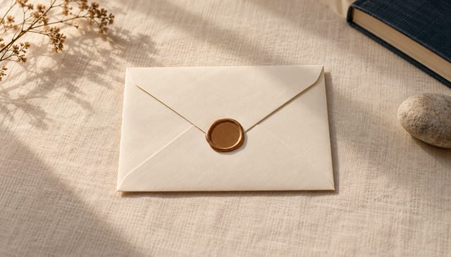 An unbroken plain wax seal on a cream envelope, on cream linen in soft window light