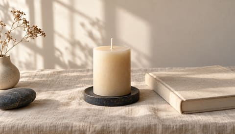 An unlit bedside candle beside a closed cream linen-bound book, on cream linen in soft window light