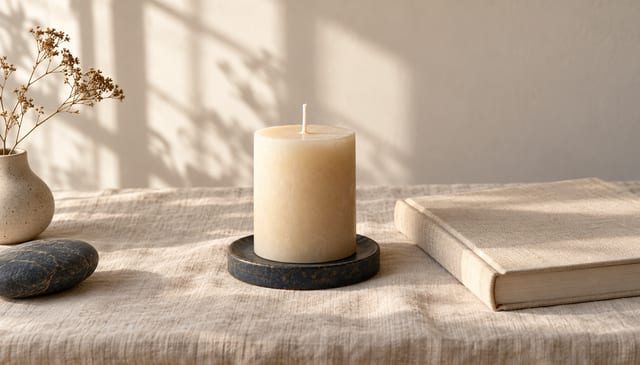 An unlit bedside candle beside a closed cream linen-bound book, on cream linen in soft window light