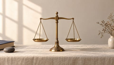 A brass balance scale with both pans level and empty, on cream linen in soft window light