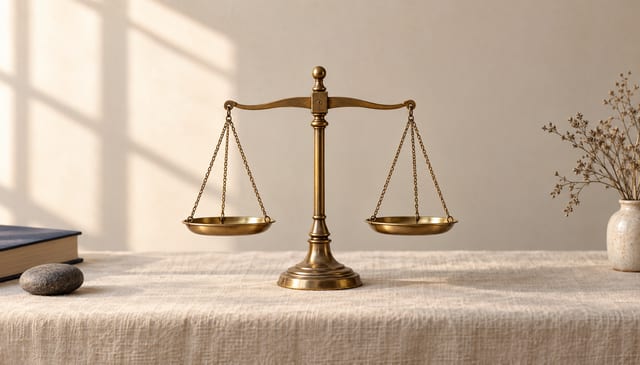 A brass balance scale with both pans level and empty, on cream linen in soft window light