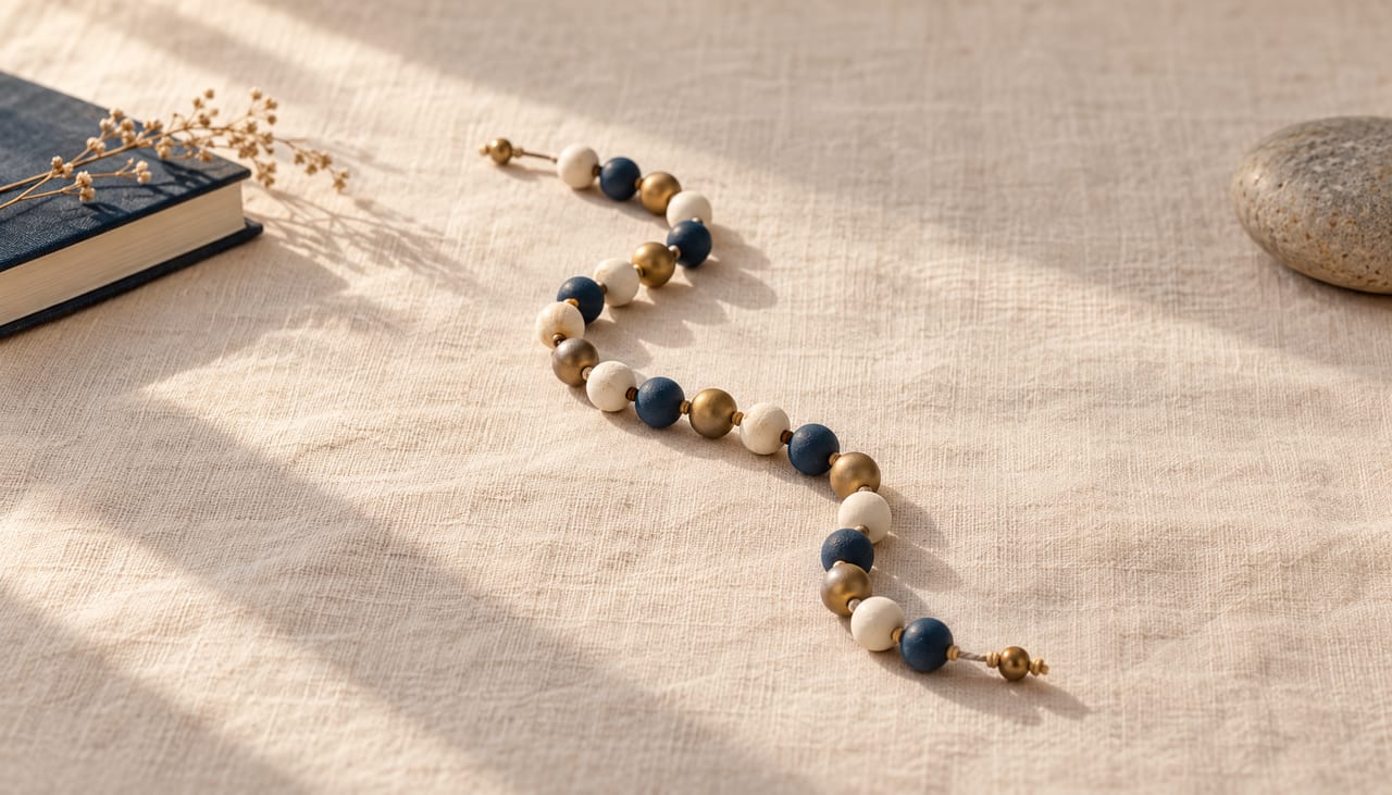 A short chain of cream, navy and gold beads laid in a gentle curve on cream linen, soft window light from the left