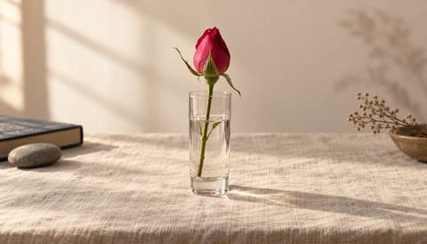 A single tightly closed rosebud in a slim clear glass, on cream linen in soft window light