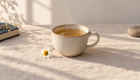 A cup of chamomile tea with one chamomile flower beside it, steam barely visible, on cream linen in soft window light