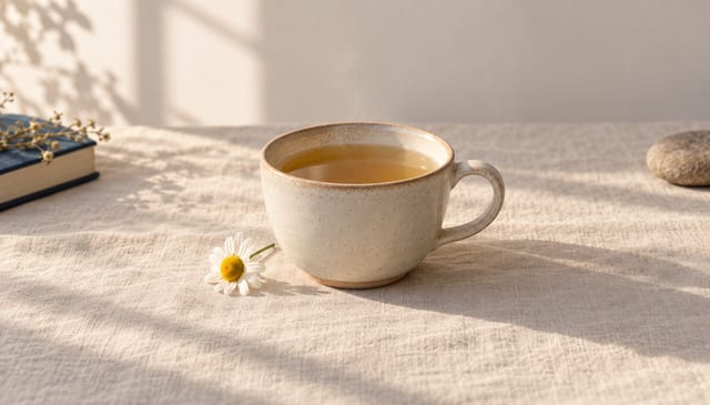 A cup of chamomile tea with one chamomile flower beside it, steam barely visible, on cream linen in soft window light