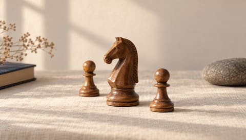 A wooden chess knight and two pawns on cream linen, the knight in sharp focus, on cream linen in soft window light