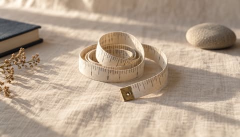 A cloth tape measure, loosely coiled, on cream linen in soft window light