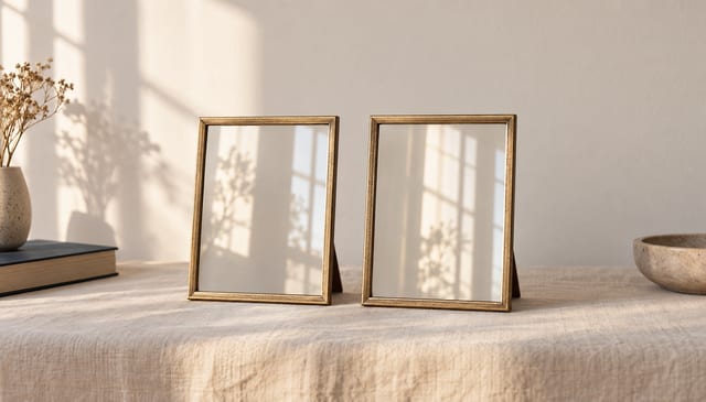 Two identical empty photograph frames standing side by side, their glass catching the light, on cream linen in soft window light