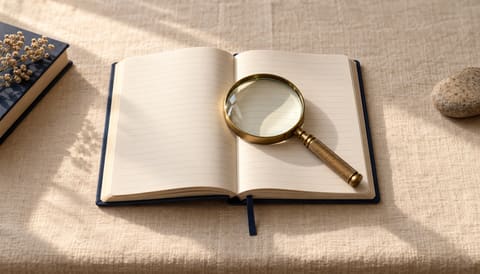 A brass magnifying glass resting on an open notebook with blank ruled pages, on cream linen in soft window light