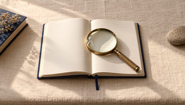 A brass magnifying glass resting on an open notebook with blank ruled pages, on cream linen in soft window light