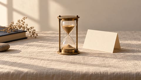 A small brass hourglass mid-fall beside a folded blank cream card, on cream linen in soft window light