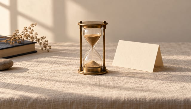A small brass hourglass mid-fall beside a folded blank cream card, on cream linen in soft window light