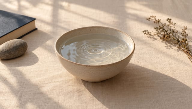 A pale ceramic bowl of still water holding a single ripple, on cream linen in soft window light