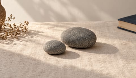 Two smooth river stones side by side, clearly different in size, on cream linen in soft window light