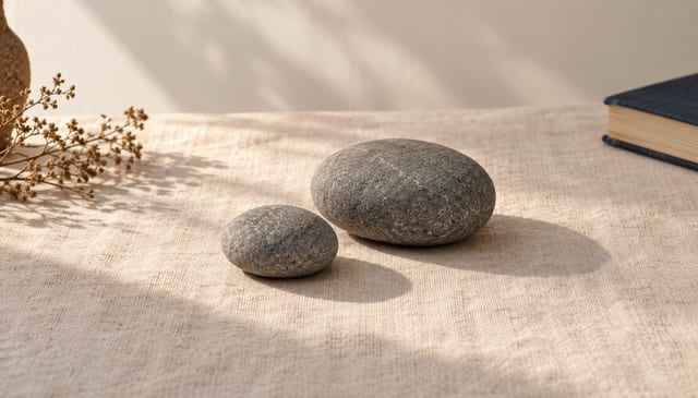 Two smooth river stones side by side, clearly different in size, on cream linen in soft window light