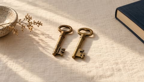 Two old brass keys lying side by side, similar in shape but differently cut, on cream linen in soft window light