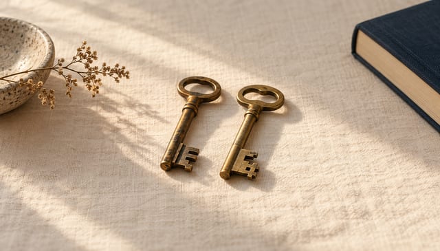 Two old brass keys lying side by side, similar in shape but differently cut, on cream linen in soft window light