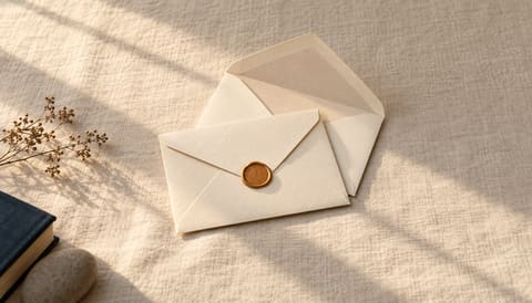 Two plain cream envelopes, one closed with a wax seal, the other open, on cream linen in soft window light