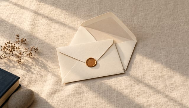 Two plain cream envelopes, one closed with a wax seal, the other open, on cream linen in soft window light