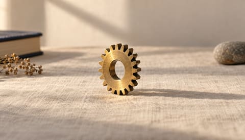 A small brass gear standing on its edge, on cream linen in soft window light