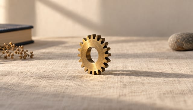 A small brass gear standing on its edge, on cream linen in soft window light