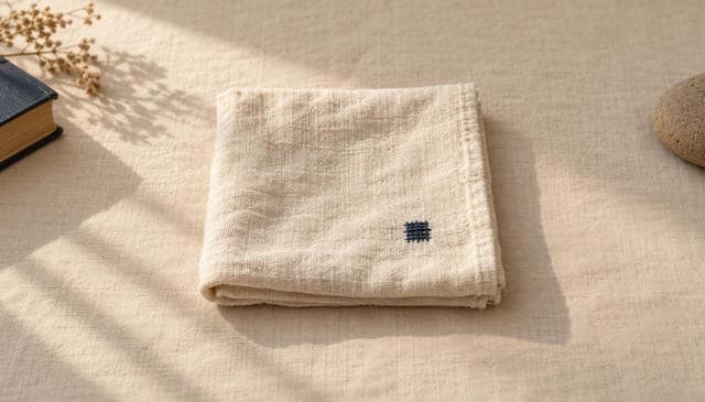 A square of folded cream linen with one darker mend stitch, on cream linen in soft window light