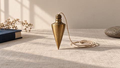 A brass plumb bob, its string loosely coiled beside it, on cream linen in soft window light