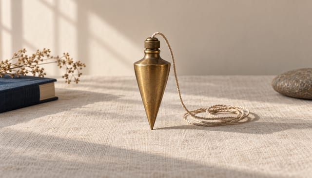 A brass plumb bob, its string loosely coiled beside it, on cream linen in soft window light