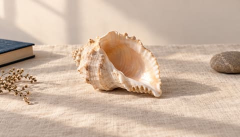 A pale seashell lying interior-up, on cream linen in soft window light