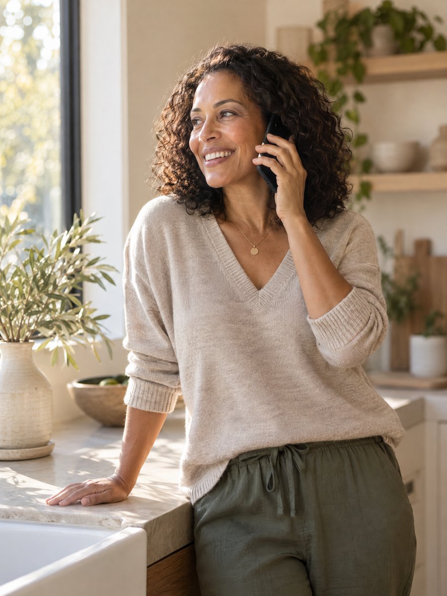 A woman smiling on a phone call in a sunlit kitchen