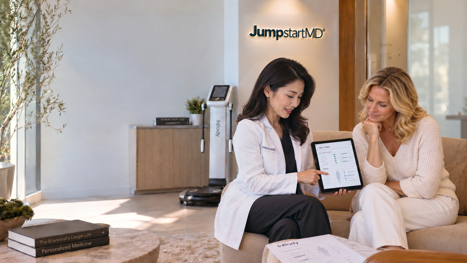 A JumpstartMD clinician walking a member through her plan on a tablet