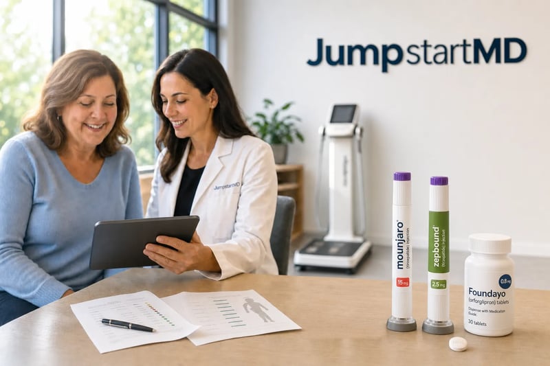 A JumpstartMD clinician reviewing body composition and lab results with a member, with GLP-1 treatment options on the table