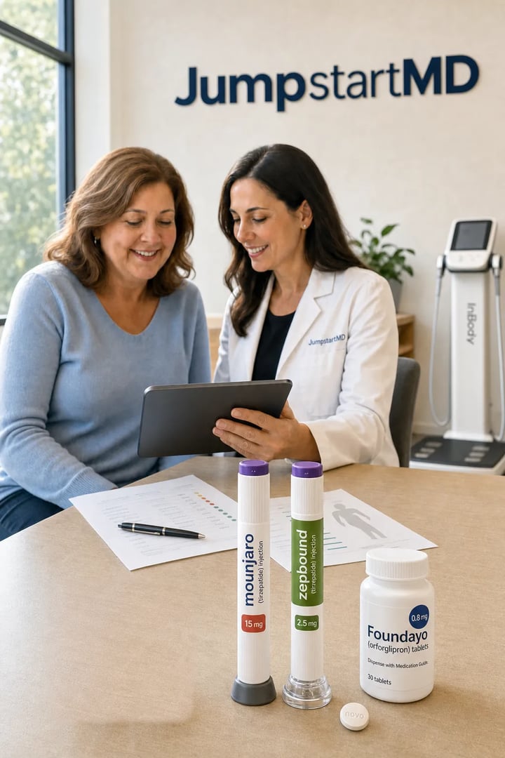 A JumpstartMD clinician reviewing body composition and lab results with a member, with GLP-1 treatment options on the table