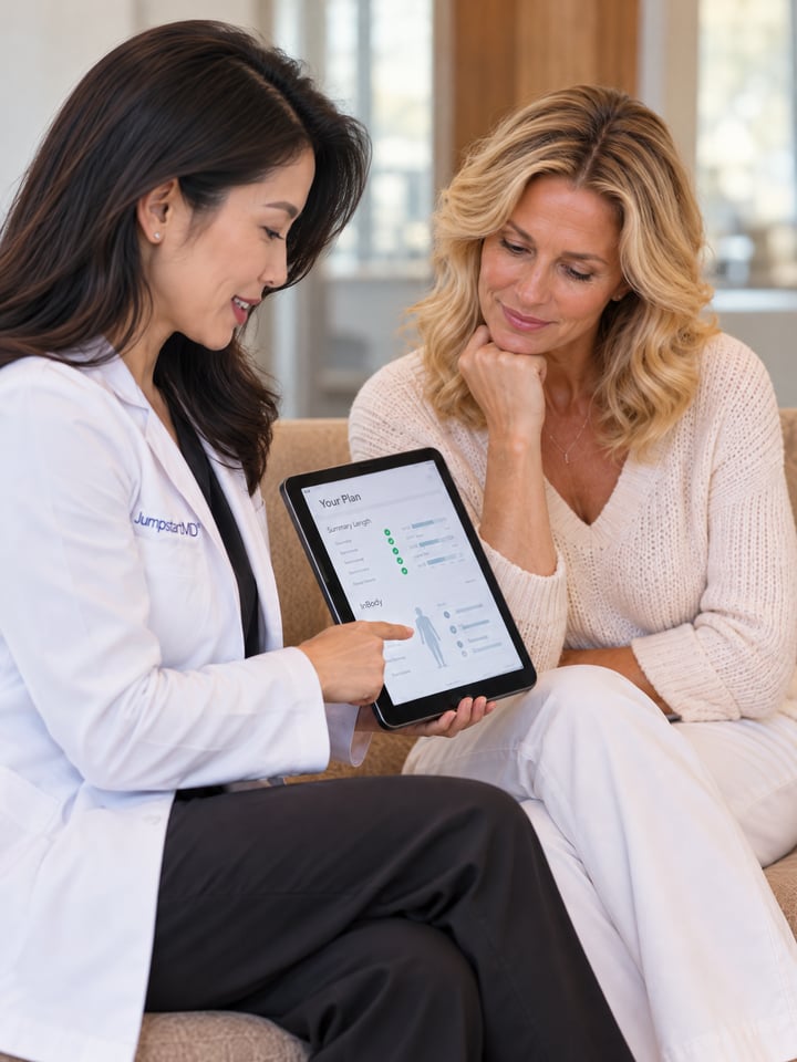 JumpstartMD clinician walking a member through her plan and InBody body composition results on a tablet
