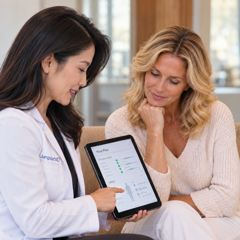 JumpstartMD clinician walking a member through her plan and InBody body composition results on a tablet