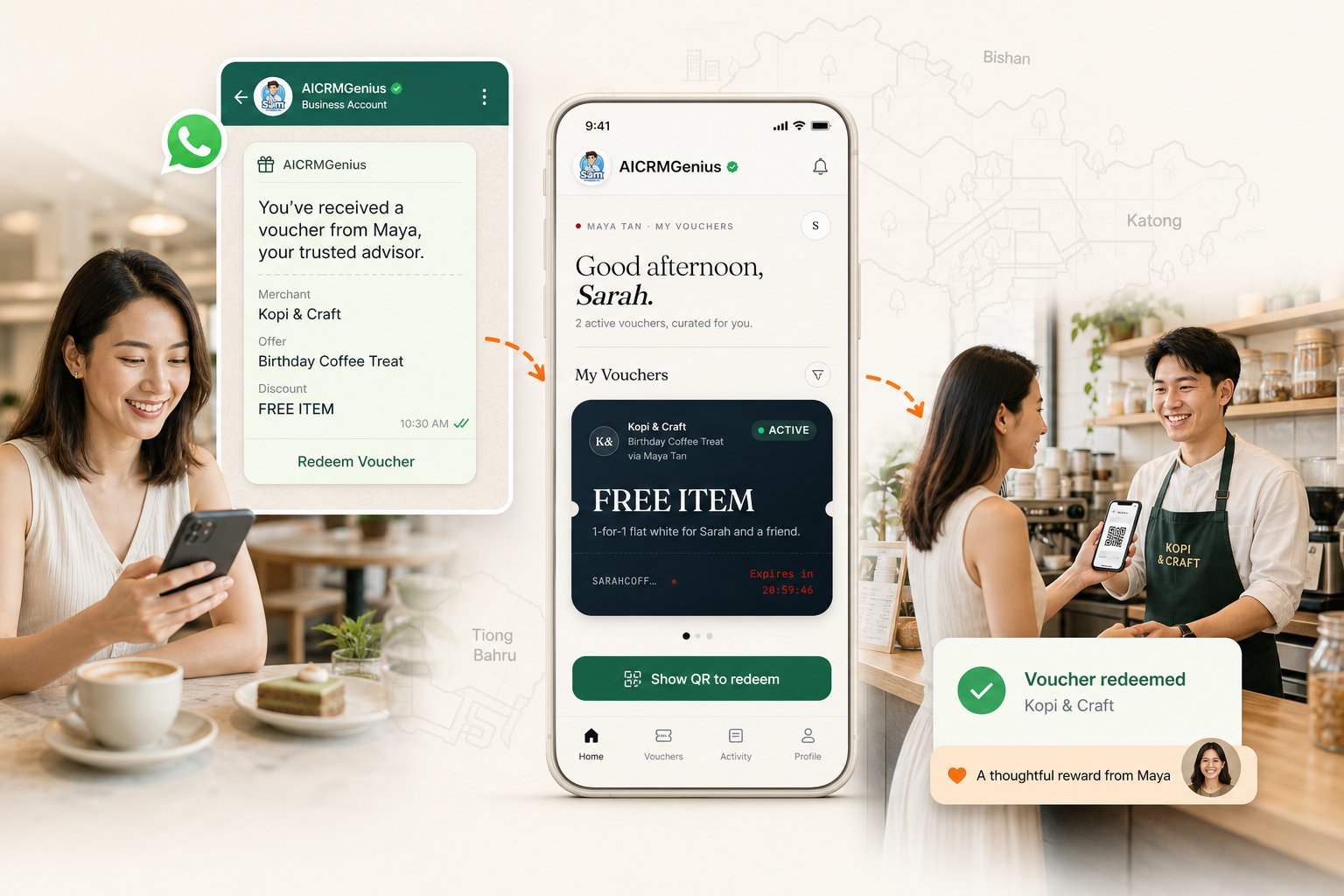 A client receives a merchant voucher on WhatsApp from her advisor, opens it in her voucher wallet, and shows the QR code to claim it at a local cafe