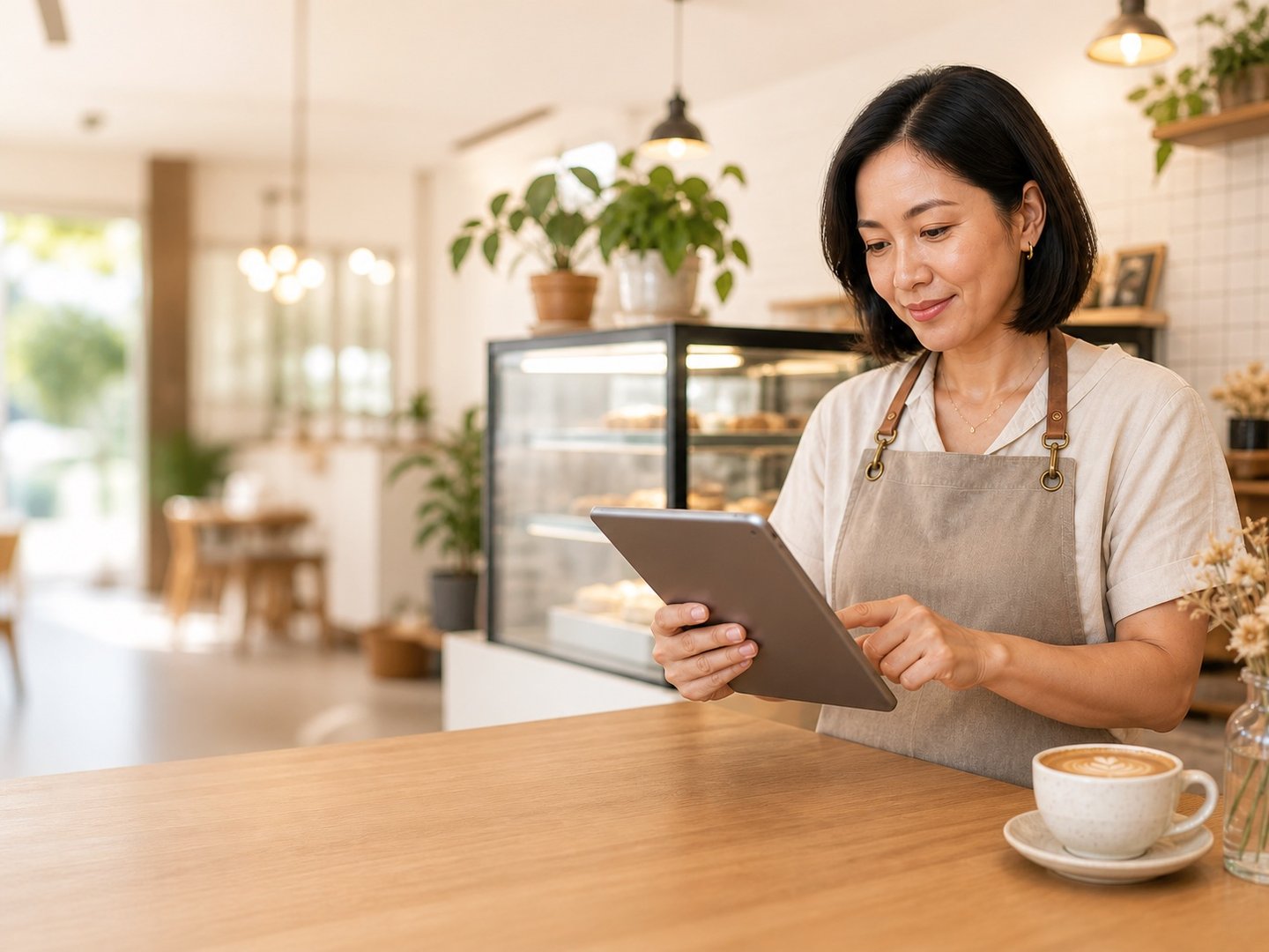 Singapore café owner using Joy to review a voucher campaign on a tablet
