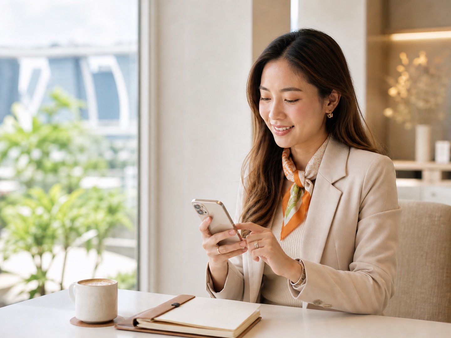 Singapore sales professional using her phone after a client meeting