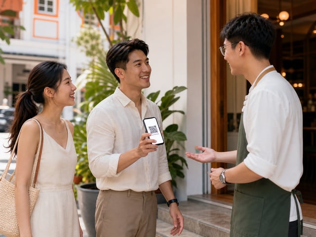 Customer arriving at a Singapore restaurant to redeem a voucher