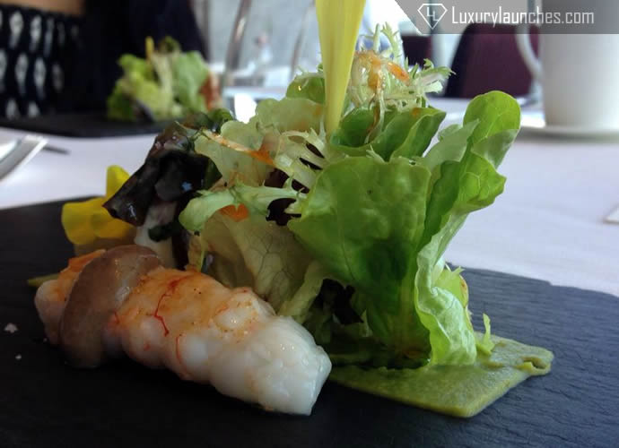 Crab cookie with roasted langoustine veal trotter, green beans purée and summer truffle sauce