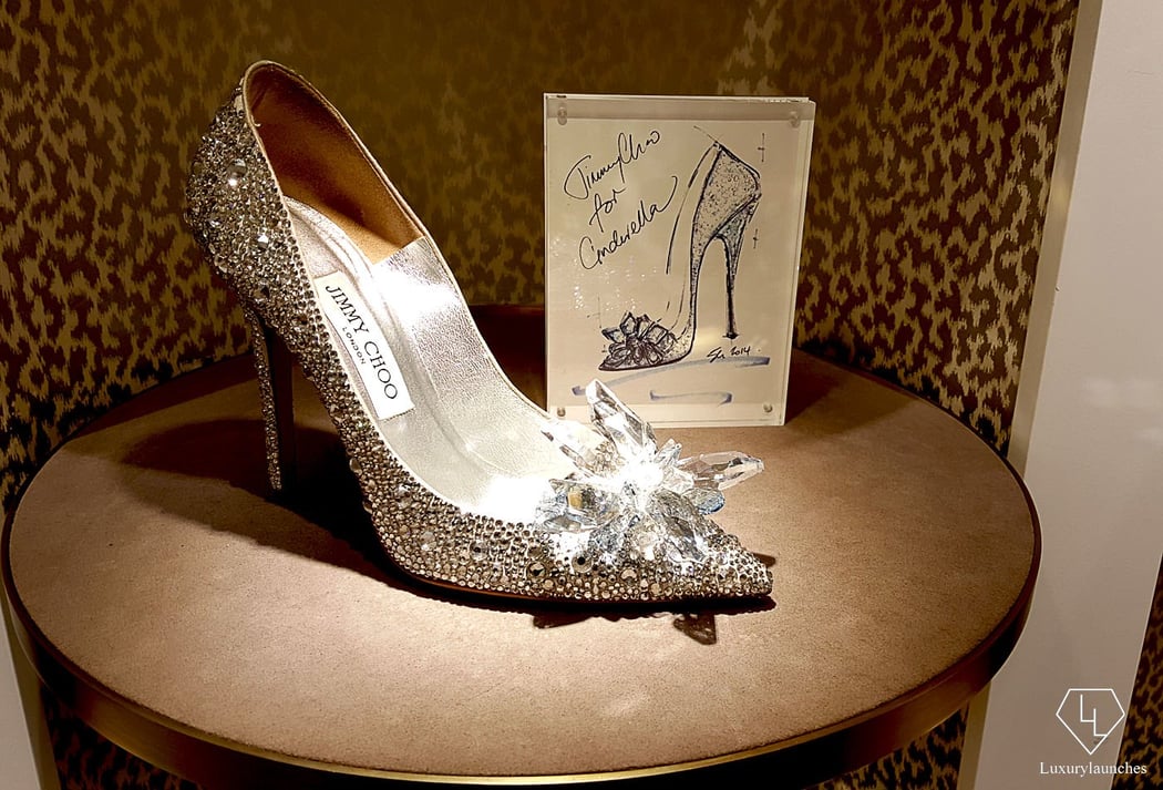 On display at the Jimmy Choo store - This iconic shoe reimagines the iconic glass slipper Cinderella left behind when the clock struck midnight.