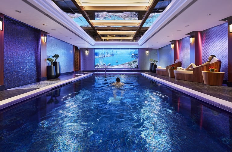 The three-lane indoor swimming pool has an underwater sound system and an electric sunblind