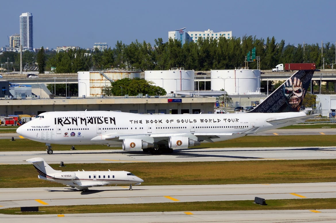 Parked in Zurich - Iron Maiden's jumbo jet dwarfs the jets of